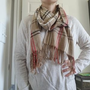 Tan & Red Plaid Flannel Fringed Scarf